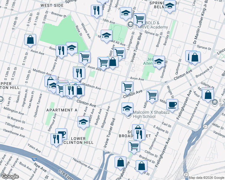map of restaurants, bars, coffee shops, grocery stores, and more near 56 Ridgewood Avenue in Newark