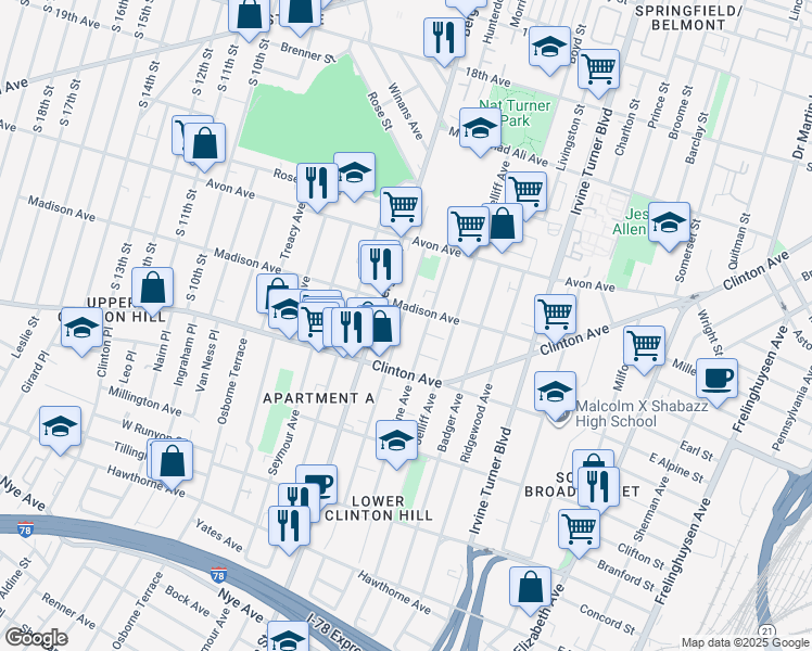 map of restaurants, bars, coffee shops, grocery stores, and more near 629 Hunterdon Street in Newark
