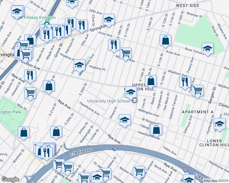 map of restaurants, bars, coffee shops, grocery stores, and more near 33-35 Leslie Street in Newark