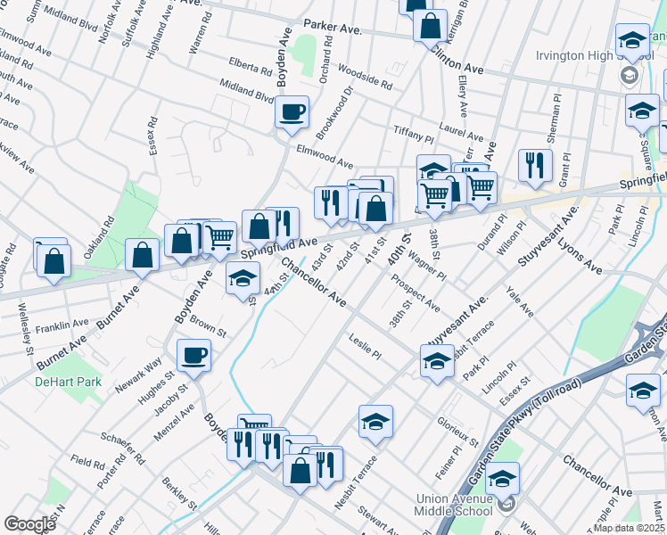 map of restaurants, bars, coffee shops, grocery stores, and more near 54 42nd Street in Irvington
