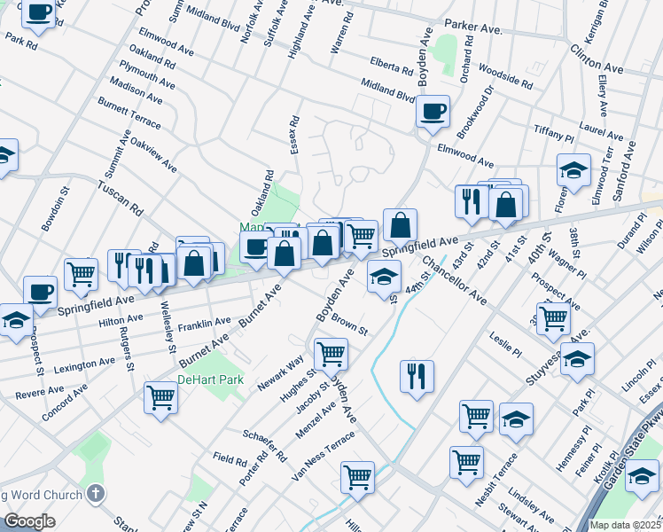 map of restaurants, bars, coffee shops, grocery stores, and more near 1581-85 Springfield Avenue in Maplewood