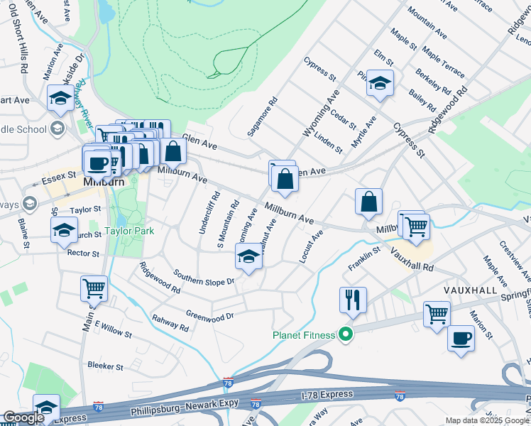 map of restaurants, bars, coffee shops, grocery stores, and more near 512 Wyoming Avenue in Essex County