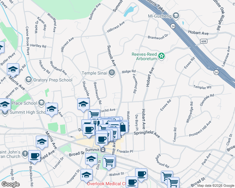 map of restaurants, bars, coffee shops, grocery stores, and more near 160 Summit Avenue in Summit
