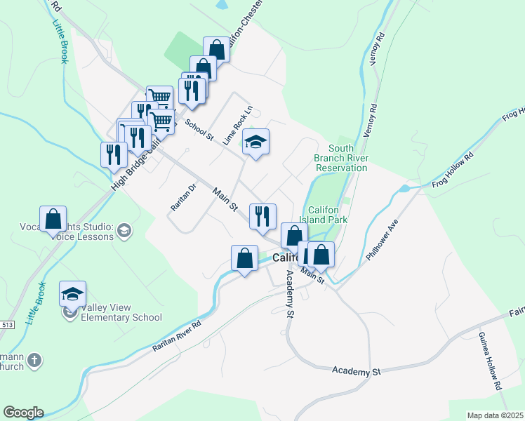 map of restaurants, bars, coffee shops, grocery stores, and more near 90 Main Street in Califon