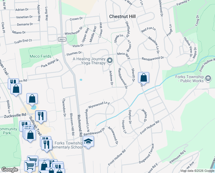 map of restaurants, bars, coffee shops, grocery stores, and more near 265 Kirkland Road in Easton