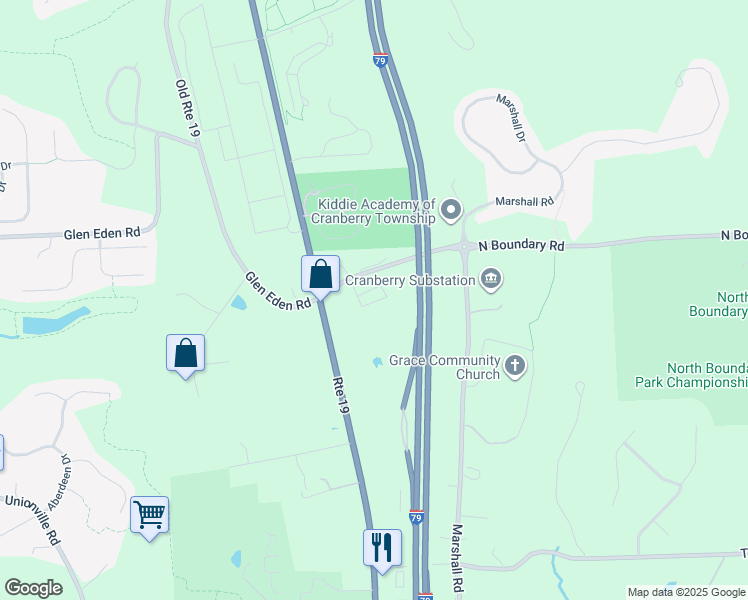 map of restaurants, bars, coffee shops, grocery stores, and more near 1009 North Boundary Road in Cranberry Township