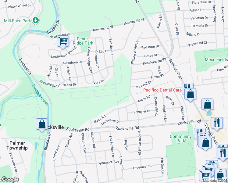 map of restaurants, bars, coffee shops, grocery stores, and more near 2249 Mitman Road in Easton