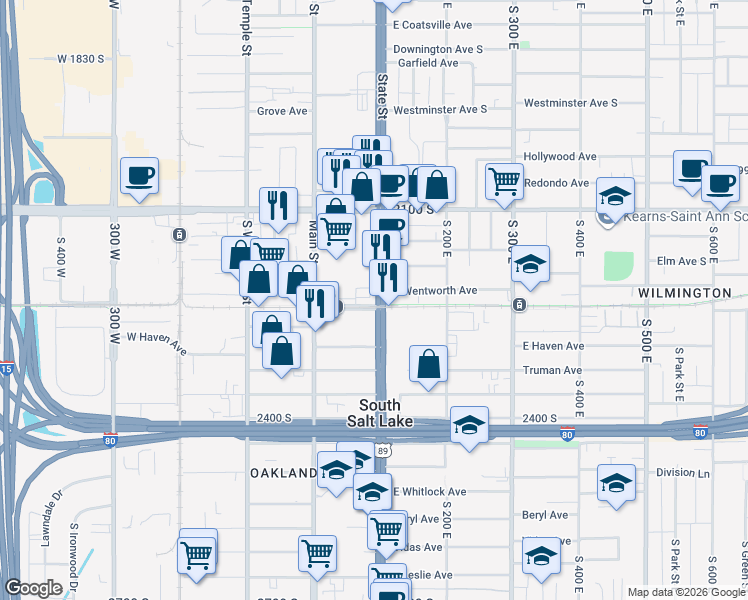 map of restaurants, bars, coffee shops, grocery stores, and more near 99 Central Pointe Place in South Salt Lake