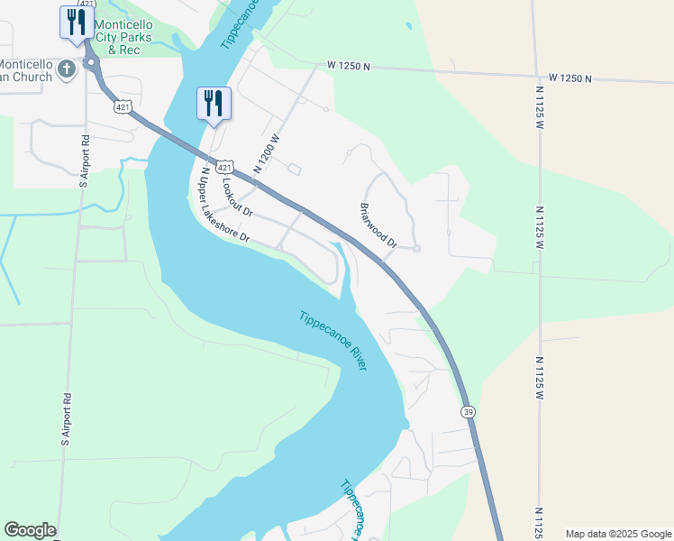 map of restaurants, bars, coffee shops, grocery stores, and more near 11700 West Lookout Drive in Monticello