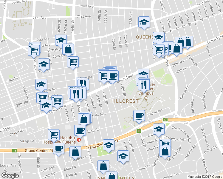 map of restaurants, bars, coffee shops, grocery stores, and more near 80-15 168th Street in Queens