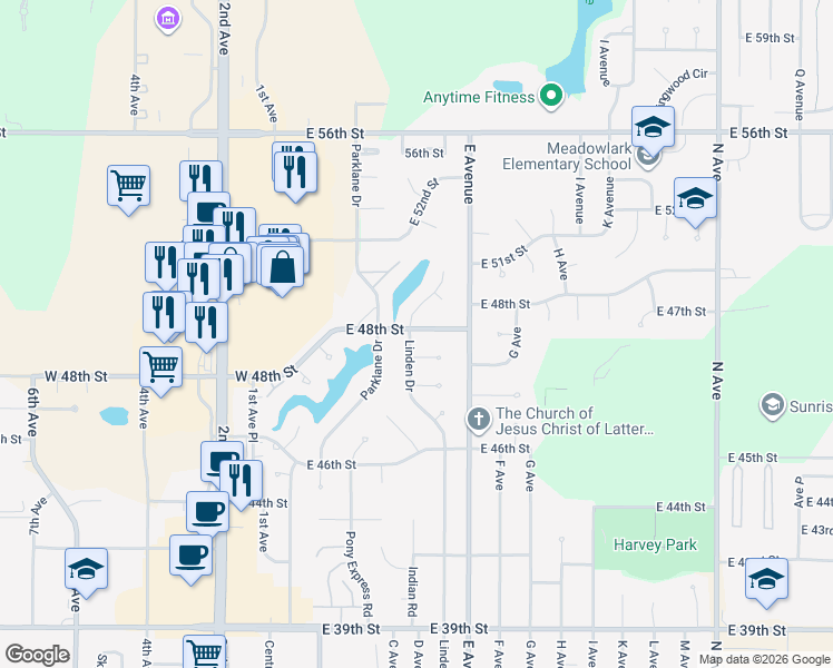 map of restaurants, bars, coffee shops, grocery stores, and more near 4761 Linden Drive in Kearney