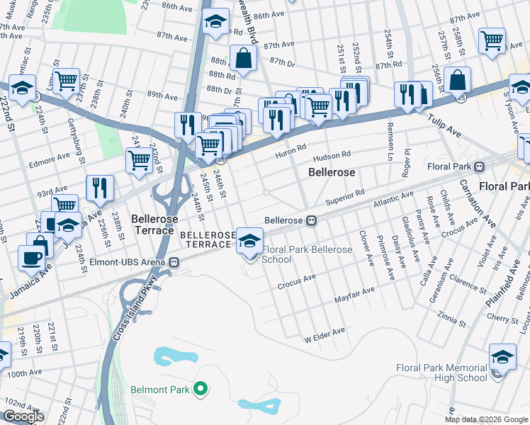 map of restaurants, bars, coffee shops, grocery stores, and more near 28 Superior Road in Floral Park