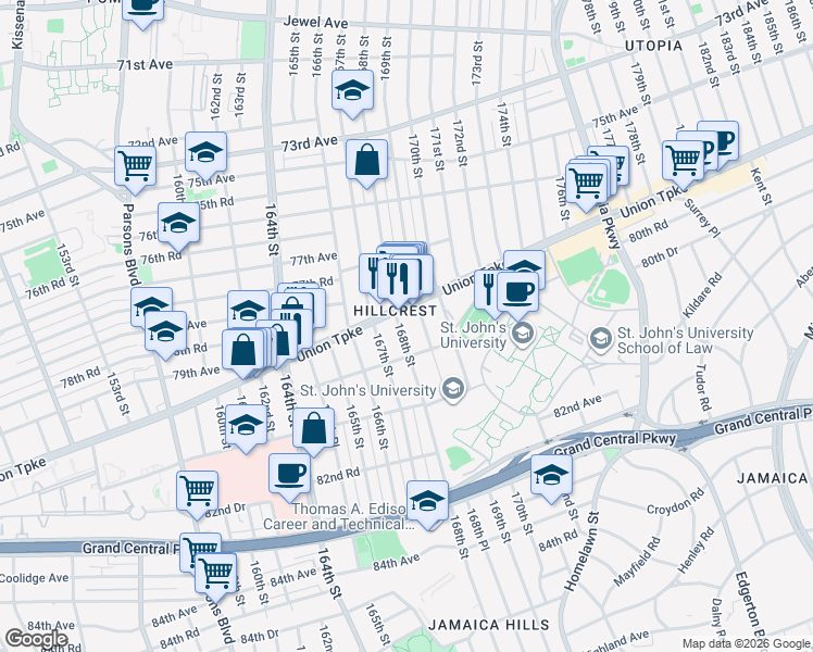 map of restaurants, bars, coffee shops, grocery stores, and more near 80-30 168th Street in Queens