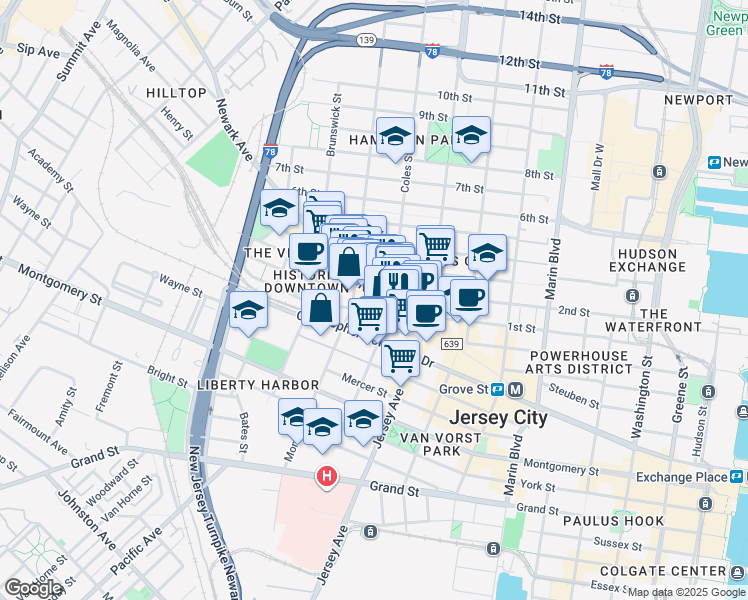 map of restaurants, bars, coffee shops, grocery stores, and more near 327 1st Street in Jersey City