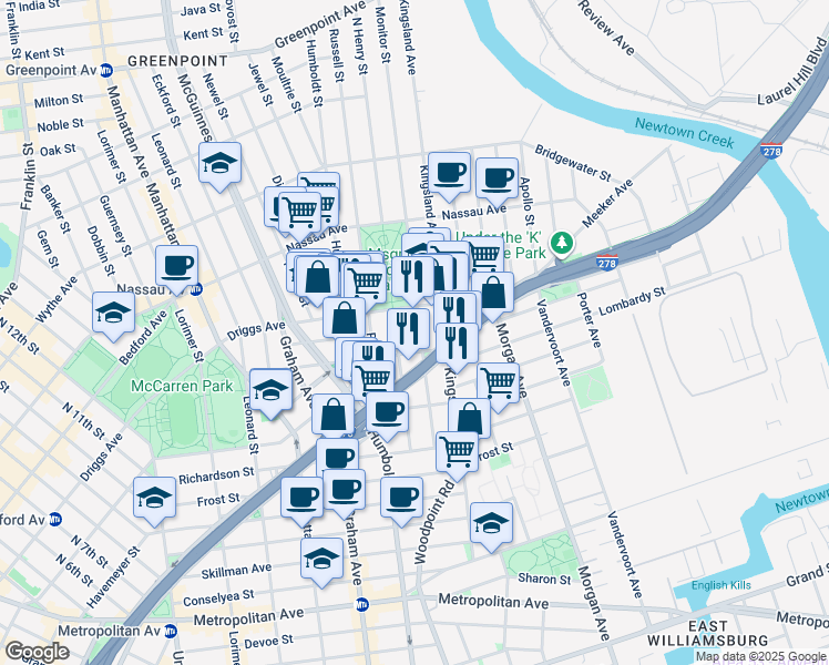 map of restaurants, bars, coffee shops, grocery stores, and more near 93 Monitor Street in Brooklyn