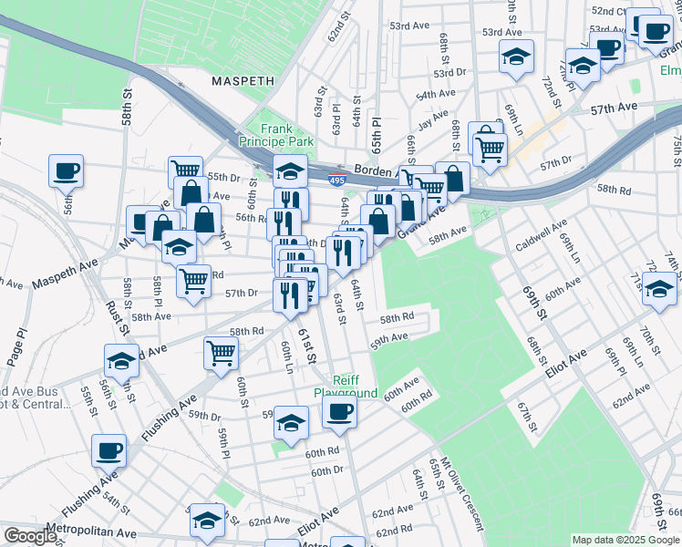 map of restaurants, bars, coffee shops, grocery stores, and more near in Queens