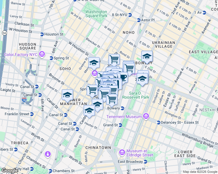map of restaurants, bars, coffee shops, grocery stores, and more near 21 Spring Street in New York