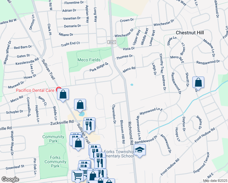 map of restaurants, bars, coffee shops, grocery stores, and more near 2255 Stone Bridge Lane in Easton