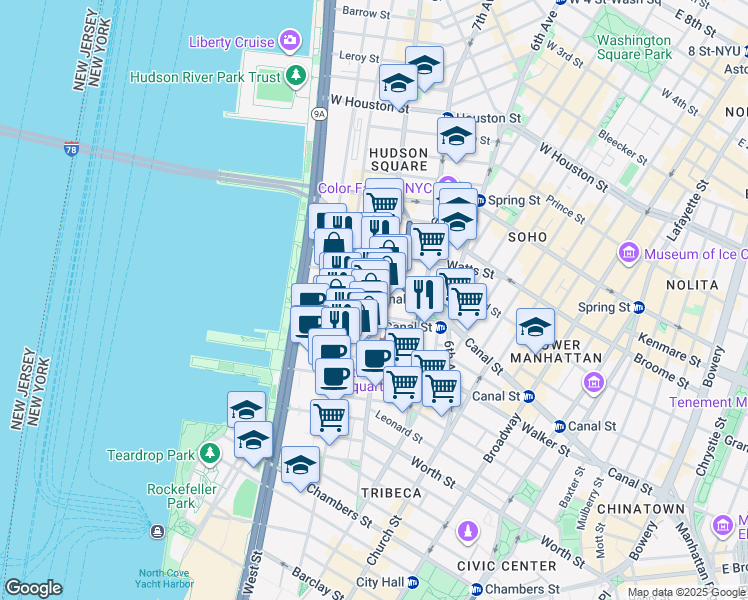 map of restaurants, bars, coffee shops, grocery stores, and more near in New York