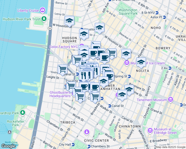 map of restaurants, bars, coffee shops, grocery stores, and more near 323 West Broadway in New York