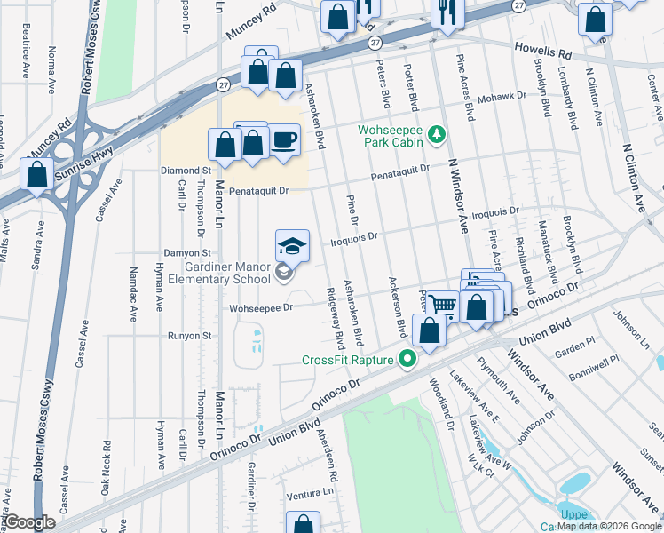 map of restaurants, bars, coffee shops, grocery stores, and more near 40 Ridgeway Boulevard in Bay Shore