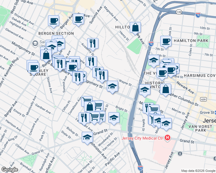 map of restaurants, bars, coffee shops, grocery stores, and more near 355 Mercer Loop in Jersey City