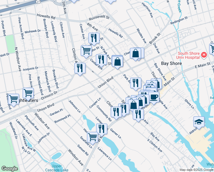 map of restaurants, bars, coffee shops, grocery stores, and more near 1 South Union Street in Bay Shore