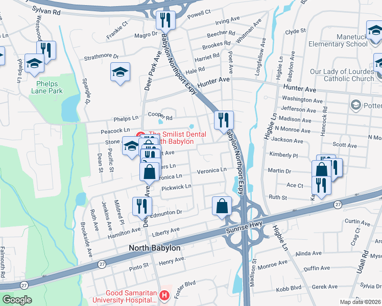map of restaurants, bars, coffee shops, grocery stores, and more near 107 Hitherdell Lane in North Babylon