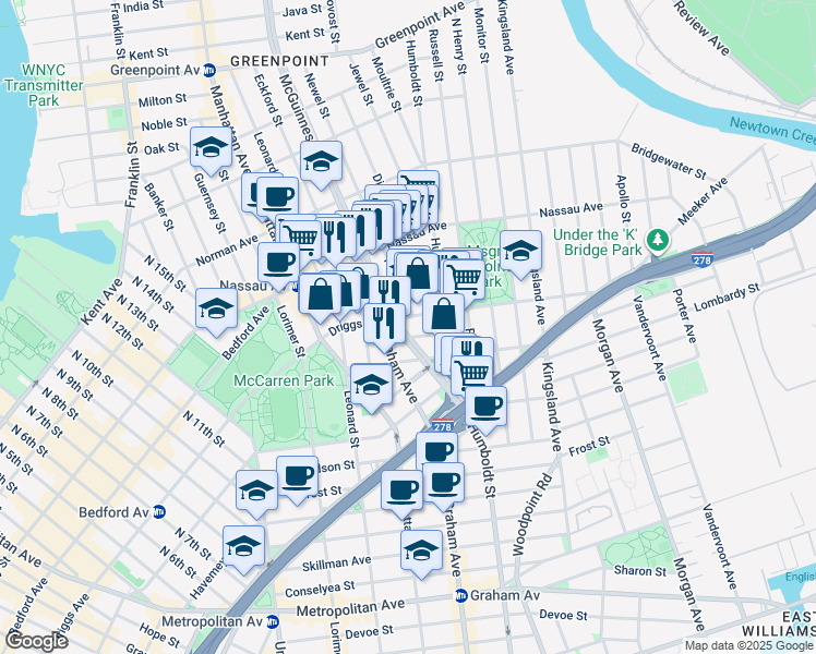 map of restaurants, bars, coffee shops, grocery stores, and more near 4 Broome Street in Brooklyn