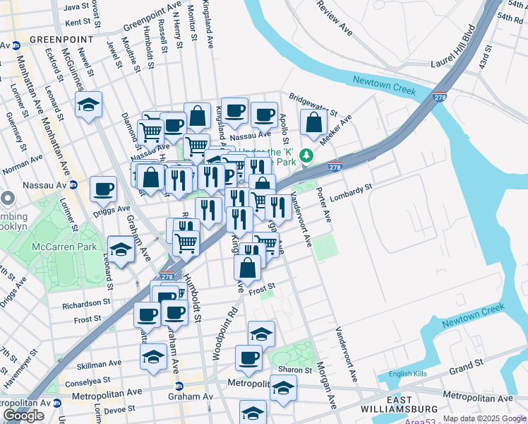 map of restaurants, bars, coffee shops, grocery stores, and more near 535 Morgan Avenue in Brooklyn