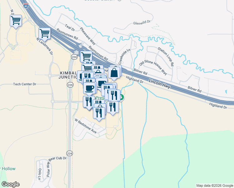 map of restaurants, bars, coffee shops, grocery stores, and more near 1456 Newpark Boulevard in Park City