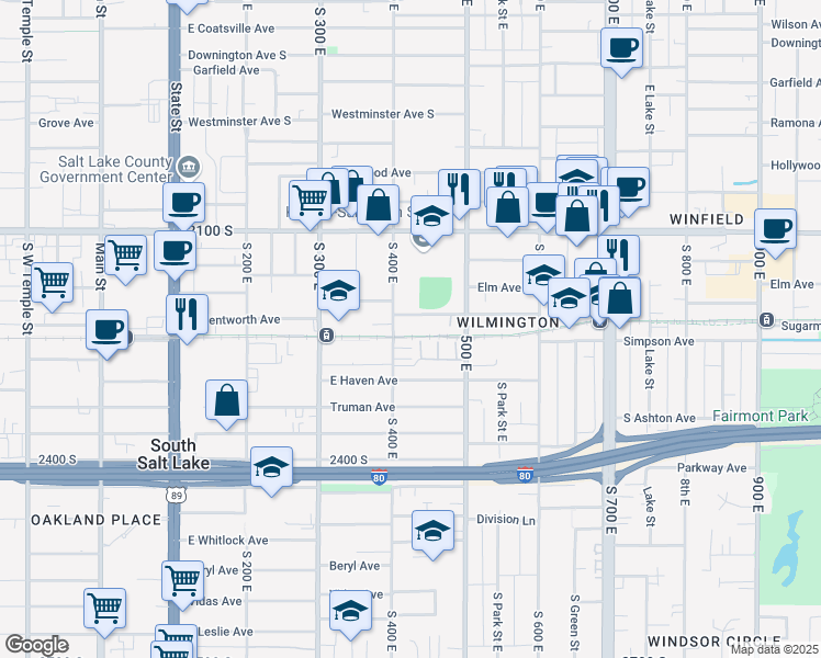 map of restaurants, bars, coffee shops, grocery stores, and more near 433 East Xavier Court in South Salt Lake