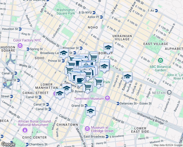 map of restaurants, bars, coffee shops, grocery stores, and more near 220 Bowery in New York