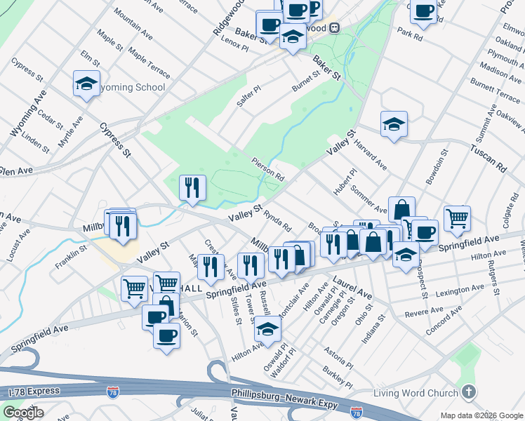 map of restaurants, bars, coffee shops, grocery stores, and more near 9 Melman Terrace in Maplewood