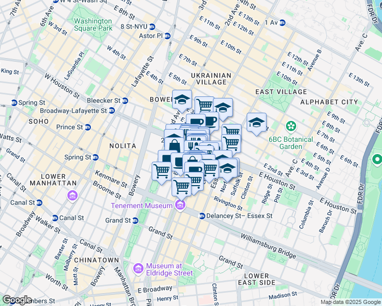 map of restaurants, bars, coffee shops, grocery stores, and more near 184 Allen Street in New York