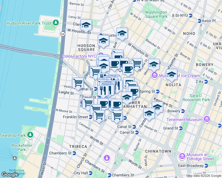 map of restaurants, bars, coffee shops, grocery stores, and more near 50 Grand Street in New York