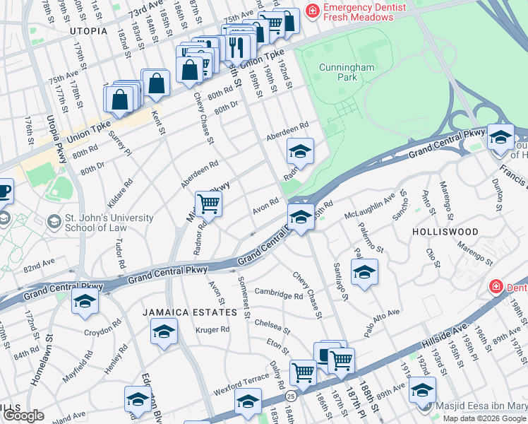 map of restaurants, bars, coffee shops, grocery stores, and more near 186-19 Grand Central Parkway in Queens