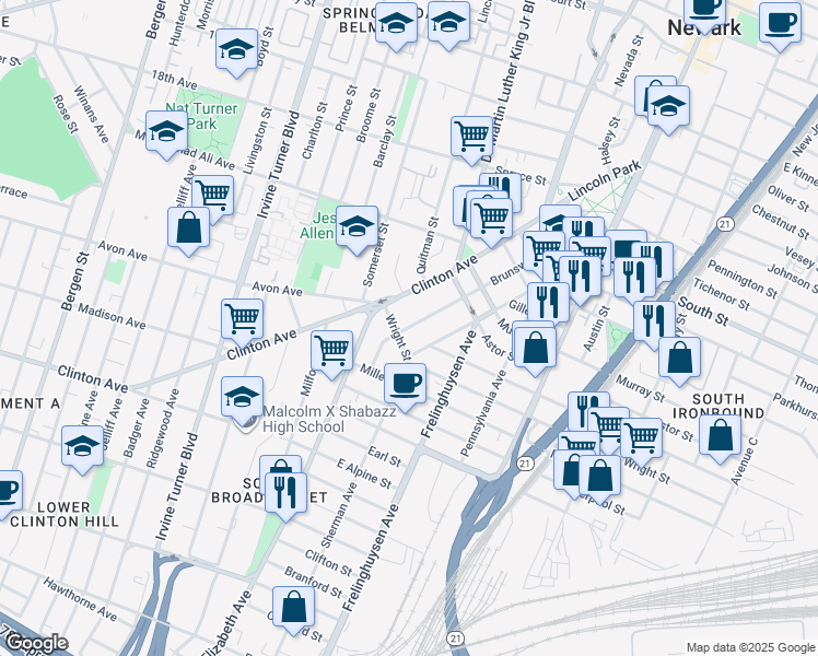 map of restaurants, bars, coffee shops, grocery stores, and more near 89 Sherman Avenue in Newark