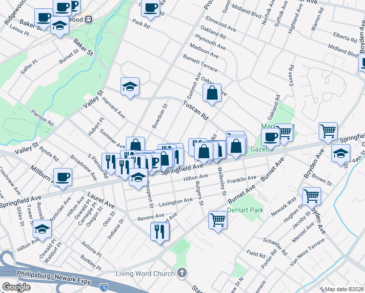 map of restaurants, bars, coffee shops, grocery stores, and more near 98 Harvard Avenue in Maplewood