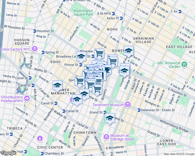 map of restaurants, bars, coffee shops, grocery stores, and more near 234 Mott Street in New York