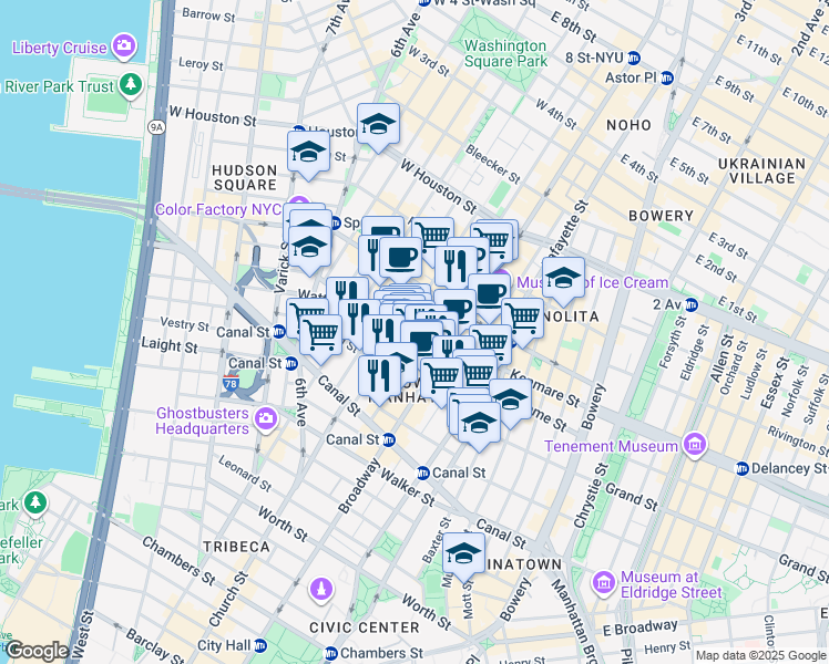 map of restaurants, bars, coffee shops, grocery stores, and more near in New York