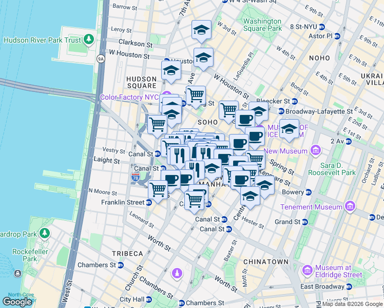 map of restaurants, bars, coffee shops, grocery stores, and more near 78 Grand Street in New York