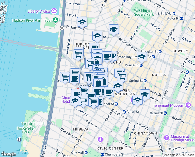 map of restaurants, bars, coffee shops, grocery stores, and more near 27-31 Grand Street in New York