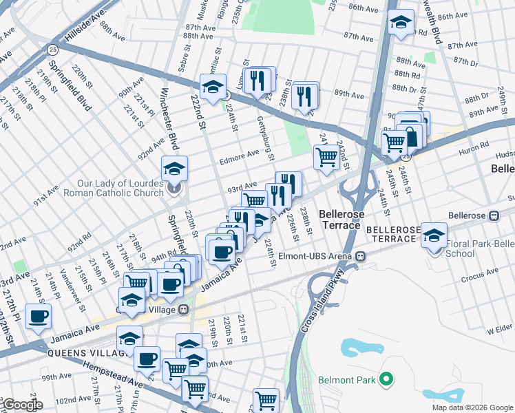 map of restaurants, bars, coffee shops, grocery stores, and more near 222-51 Jamaica Avenue in Queens