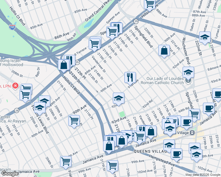 map of restaurants, bars, coffee shops, grocery stores, and more near 90-28 214th Street in Queens