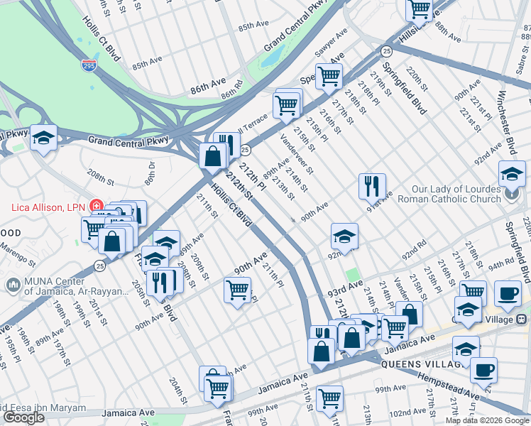 map of restaurants, bars, coffee shops, grocery stores, and more near 89-51 Hollis Court Boulevard in Queens