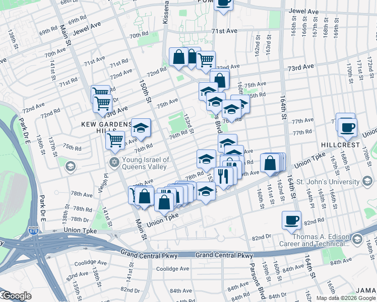 map of restaurants, bars, coffee shops, grocery stores, and more near 150-24 77th Road in Queens
