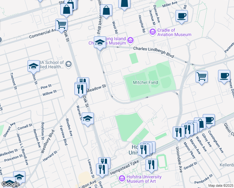 map of restaurants, bars, coffee shops, grocery stores, and more near 63-69 Charles Lindbergh Boulevard in Uniondale