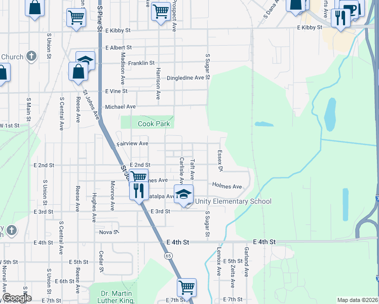 map of restaurants, bars, coffee shops, grocery stores, and more near 1007 East 2nd Street in Lima