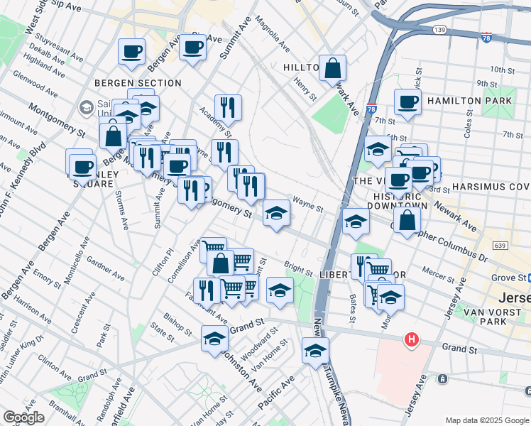 map of restaurants, bars, coffee shops, grocery stores, and more near 355 Mercer Loop in Jersey City